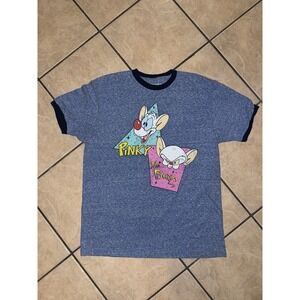 Pinky and The Brain Cartoon T-Shirt Large Blue Heather Ringer 90s Style
